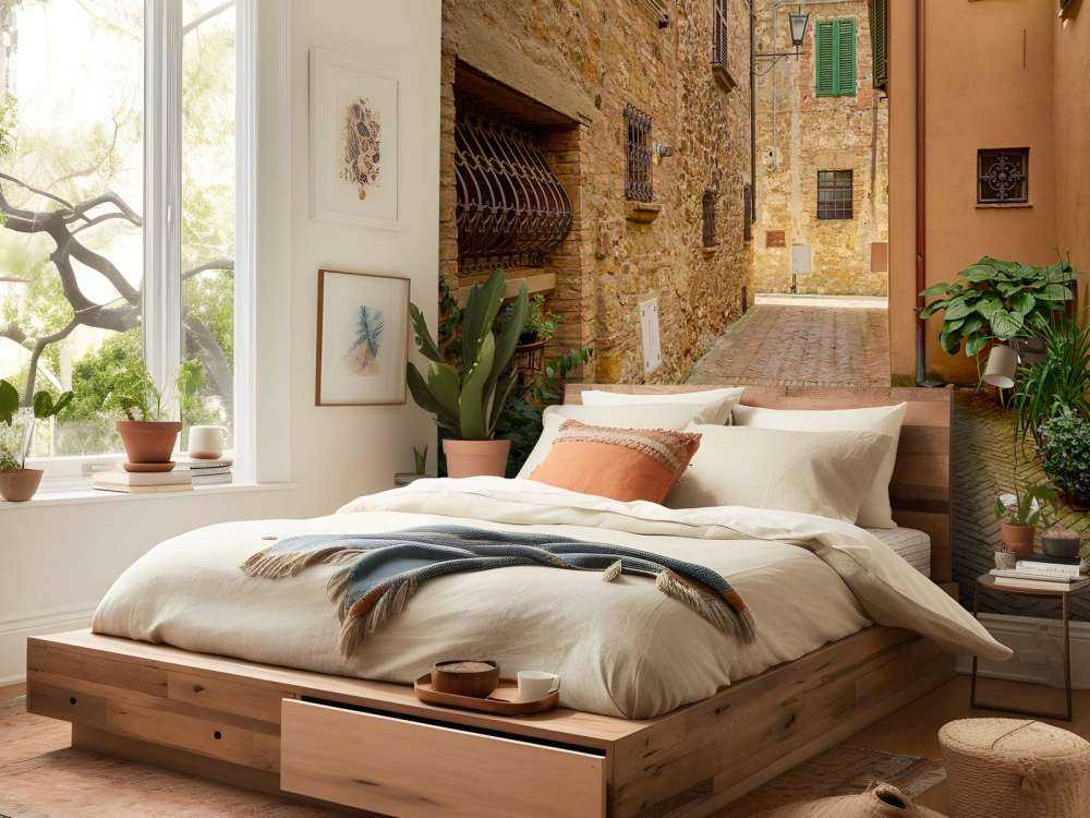 Straatje met planten en bloemen