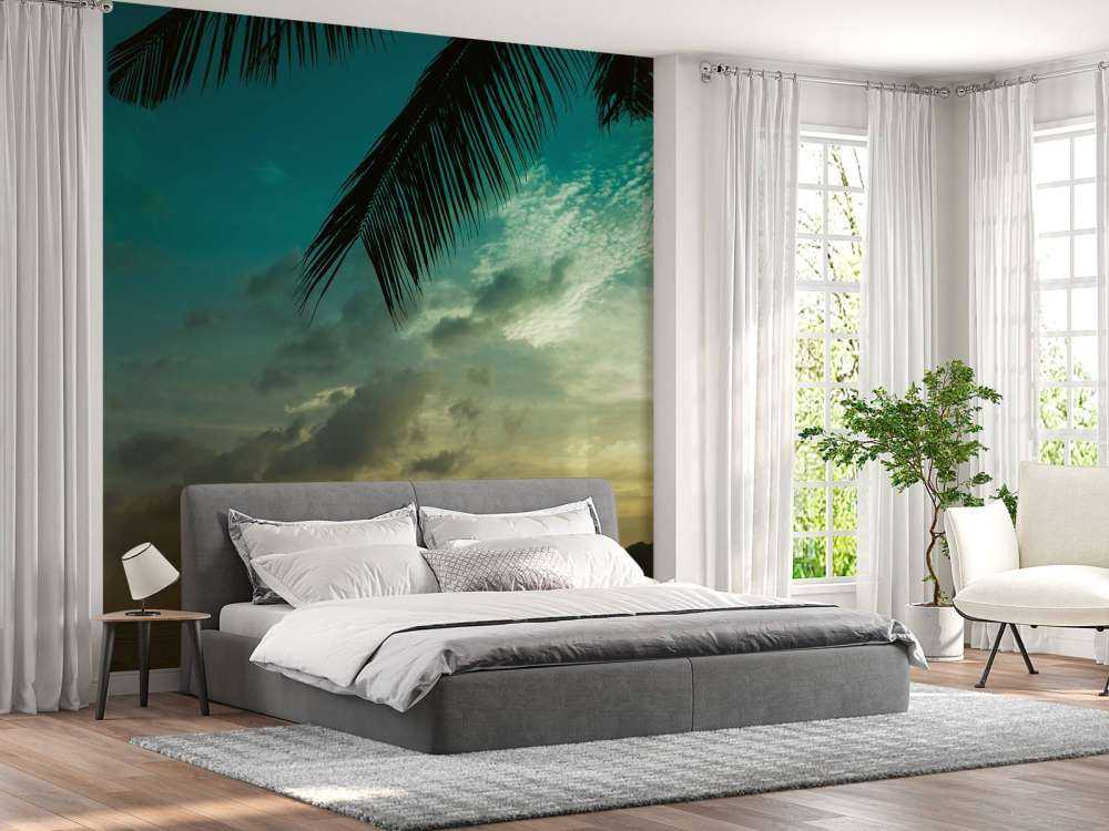 Zonsondergang met palmboom bladeren