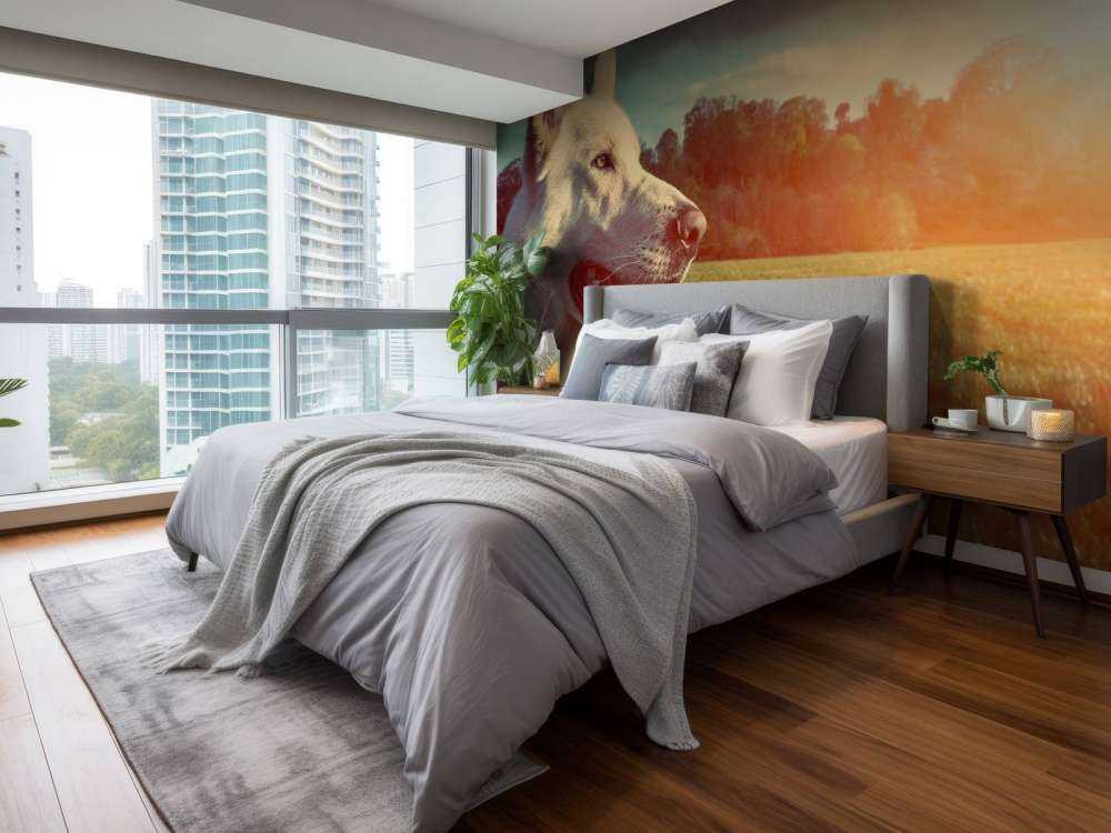 Grote witte hond bij zonsondergang