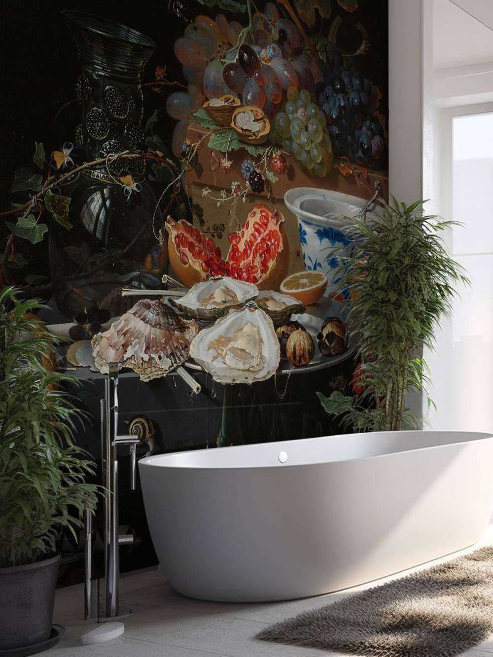 Stilleven met vruchten, oesters en een porseleinen kom