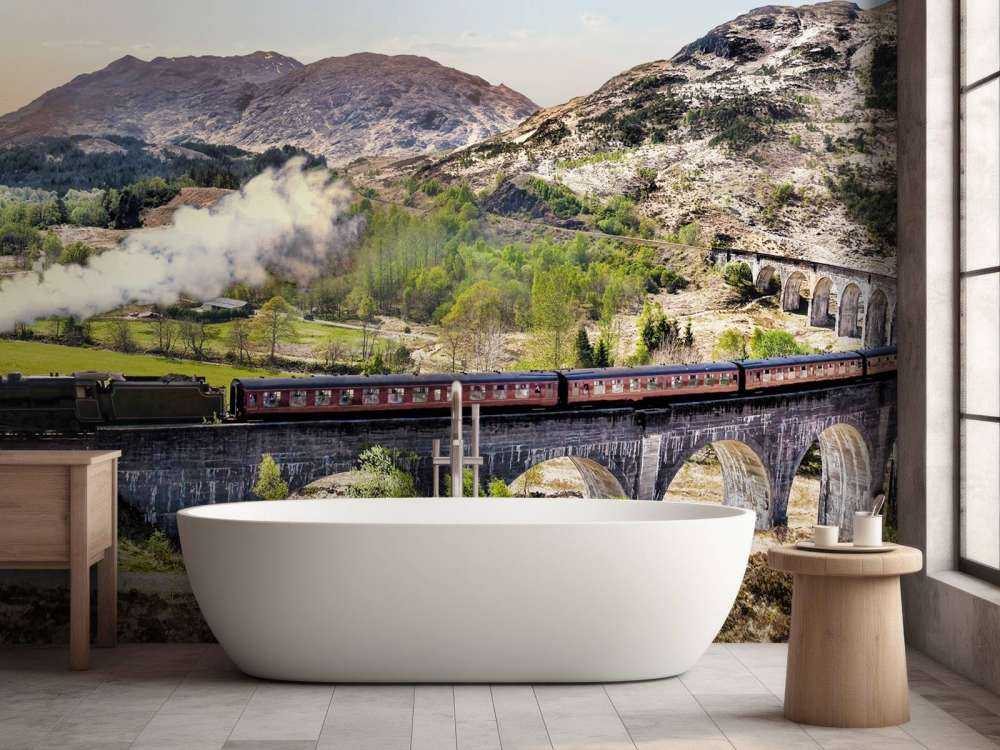 Stoomtrein door een prachtig landschap in Schotland