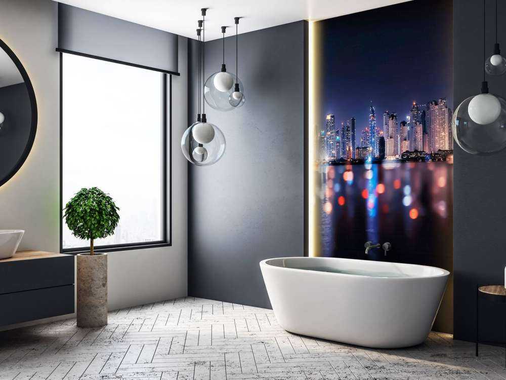 Nachtelijke skyline aan het water