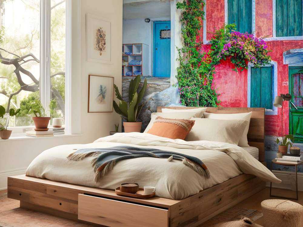Kleurrijke mediterrane gevel met bloemen