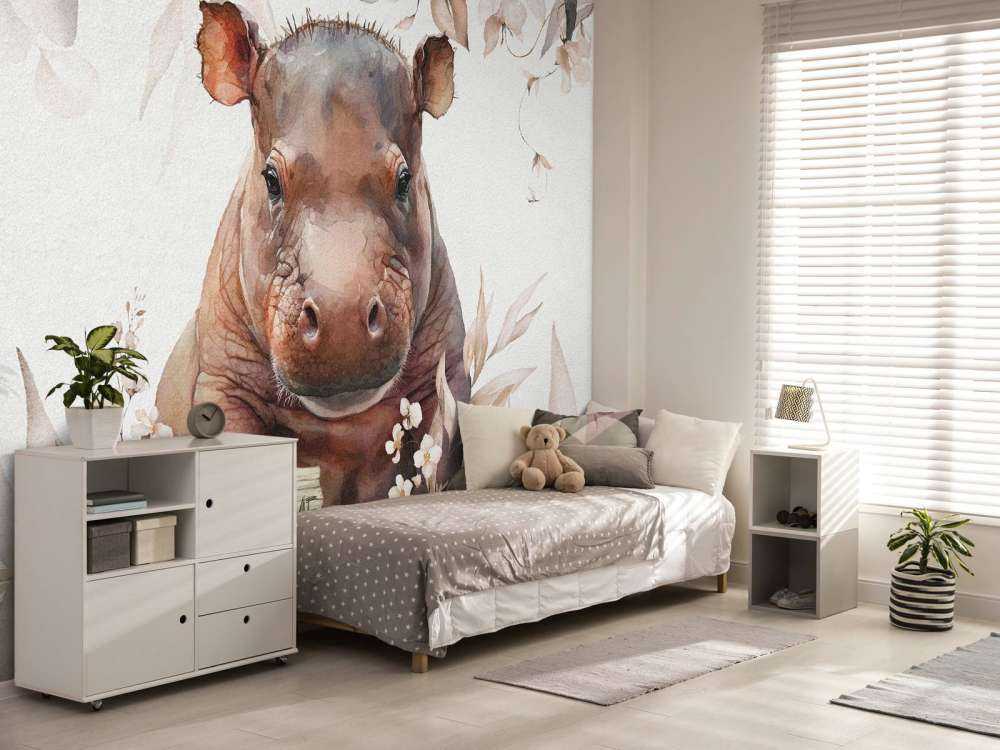 Baby nijlpaard in de bladeren taupe