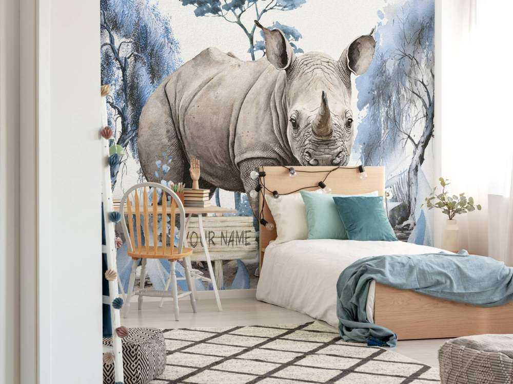 Baby neushoorn op de savanne blauw