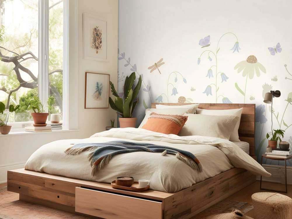 Bloemenveld hoog met vlinders beige, oud roze, groen en lila