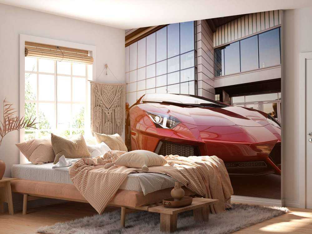 Rode sportwagen in een moderne stedelijke omgeving