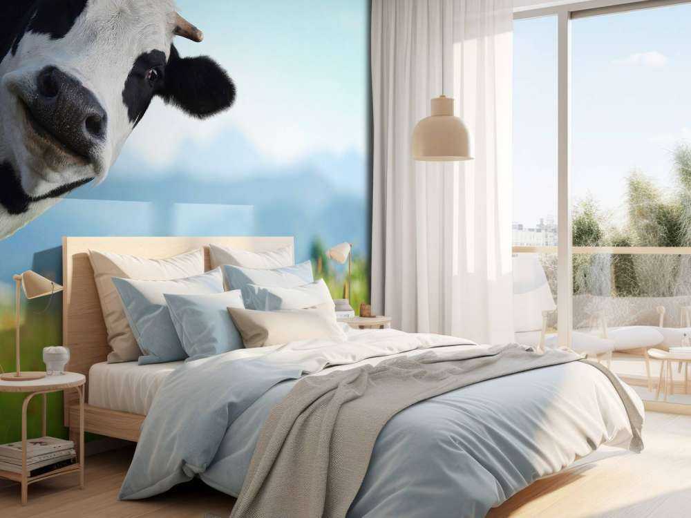 Grappige koe met berg op achtergrond