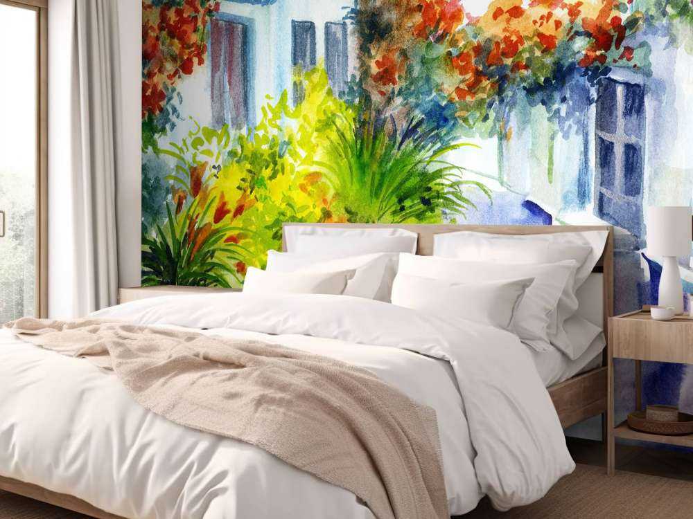 Waterverf bloemen en gebouwen