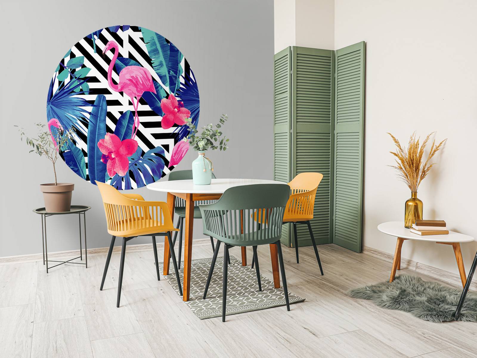 Flamingo print met witte en zwarte strepen