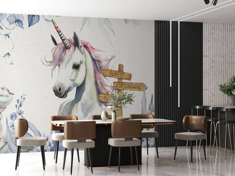 Baby eenhoorn met planten blauw