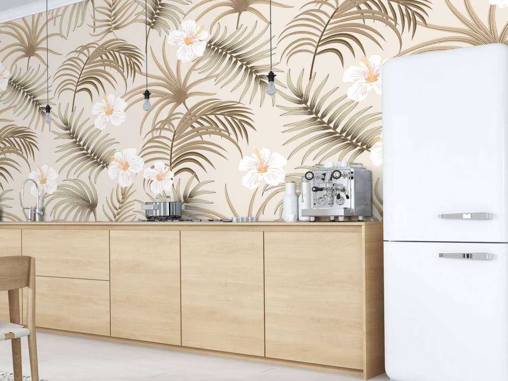 Palmboombladeren en bloemen