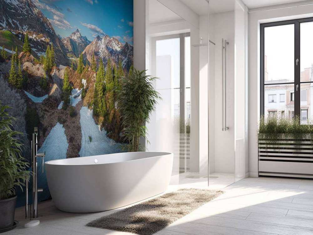 Lentezon over besneeuwd bergwoud