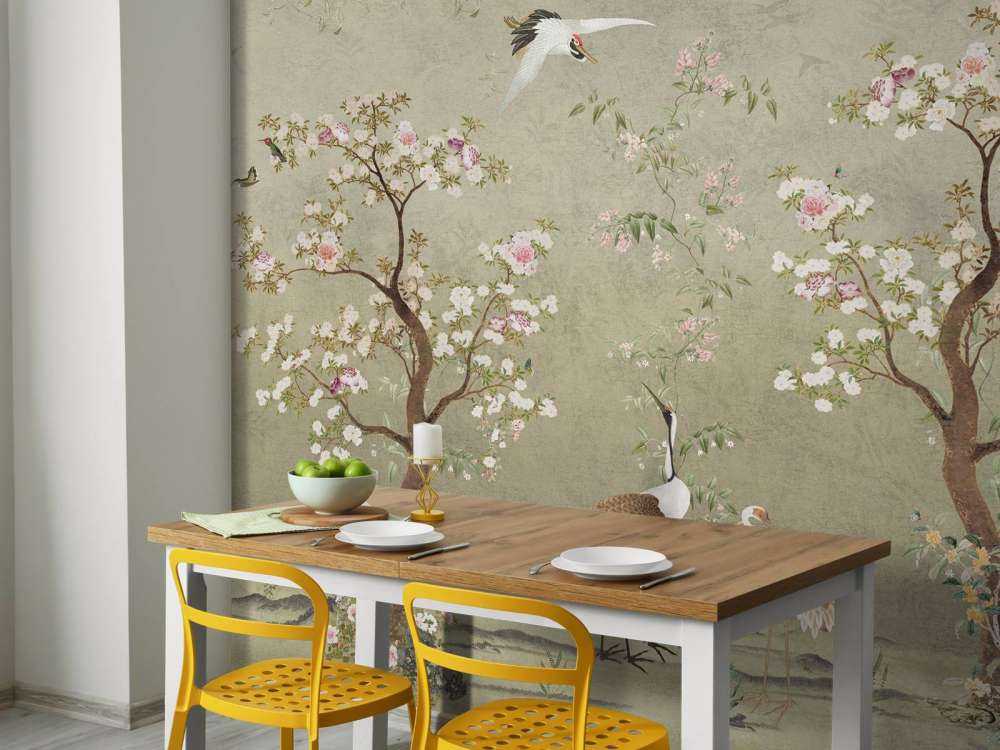 Bloeiende kersenbomen met kraanvogels