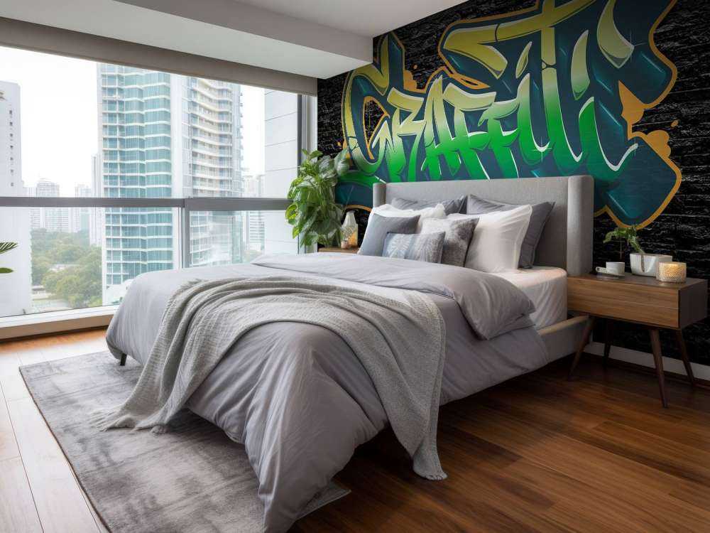 Graffiti op muur van zwarte stenen