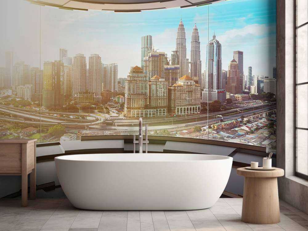 Wereldstad vanuit een futuristische kamer