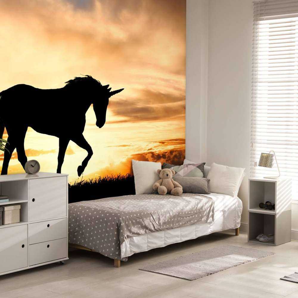 Unicorn silhouette bij zonsondergang