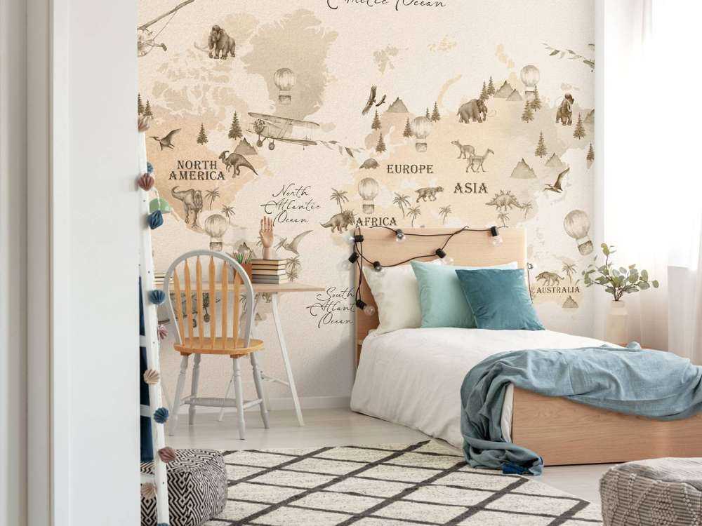 Wereldkaart met dino's beige