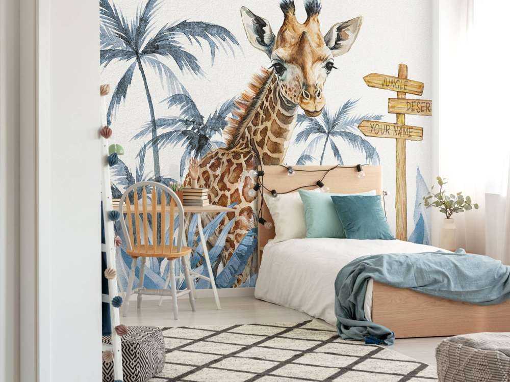Baby giraffe in de jungle blauw