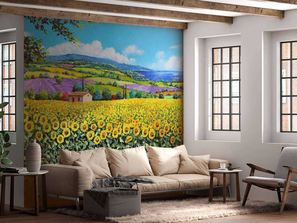 sunflowers, lavender, and sea