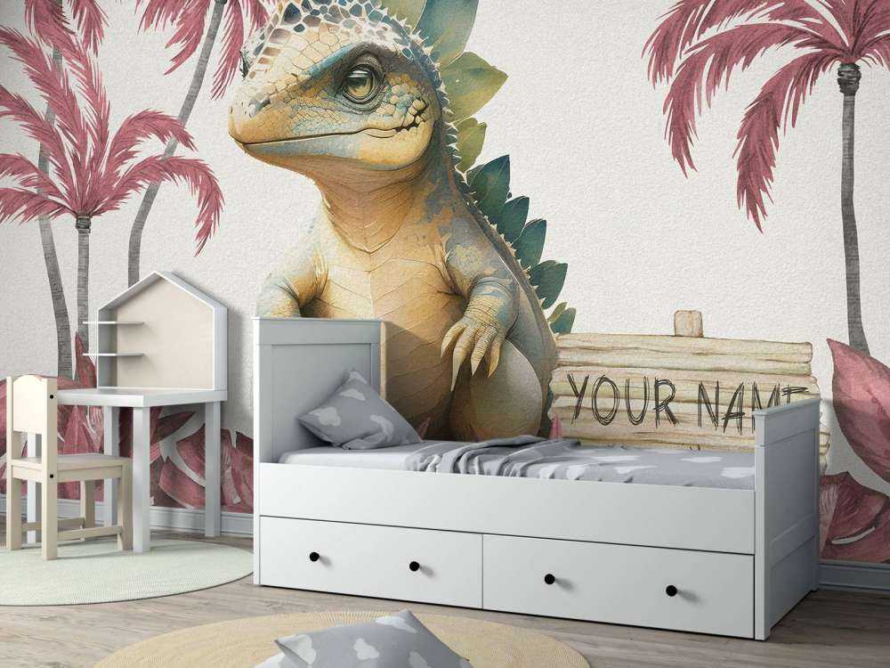 Baby stegosaurus in de jungle roze