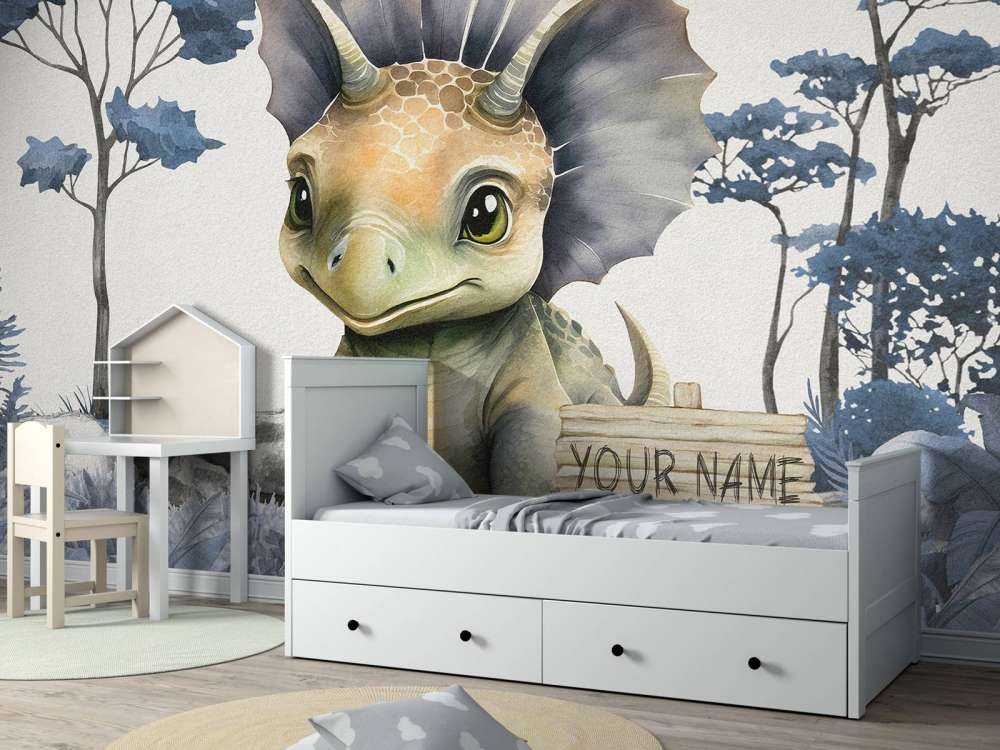 Baby triceratops in de jungle blauw