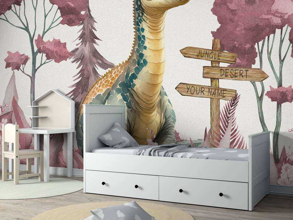 Baby brachiosaurus in de jungle roze