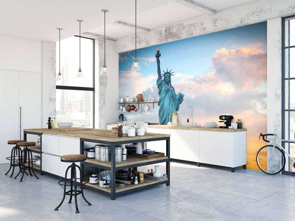 Het vrijheidsbeeld bij zonsondergang