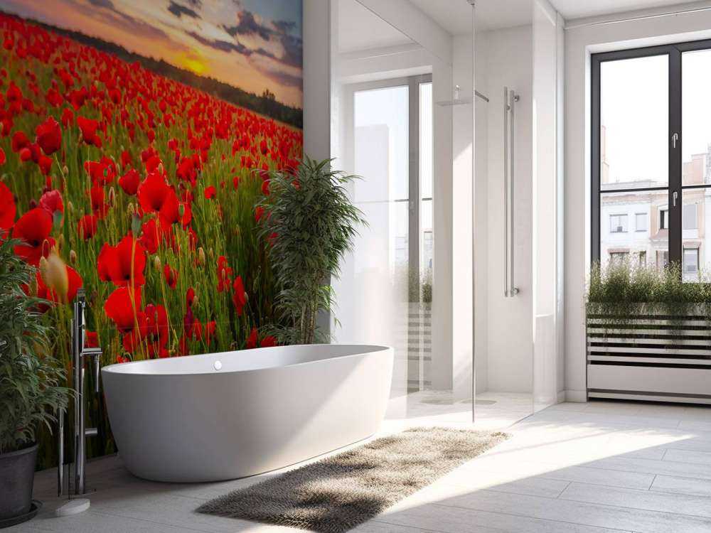 Rode klaprozenveld bij zonsondergang