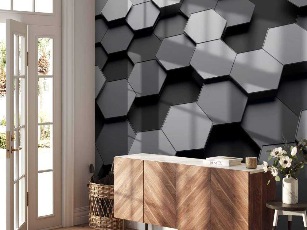 3D weergave van zeshoeken in zwart-wit