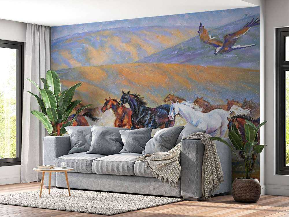 Schilderij van paarden en een vliegende adelaar