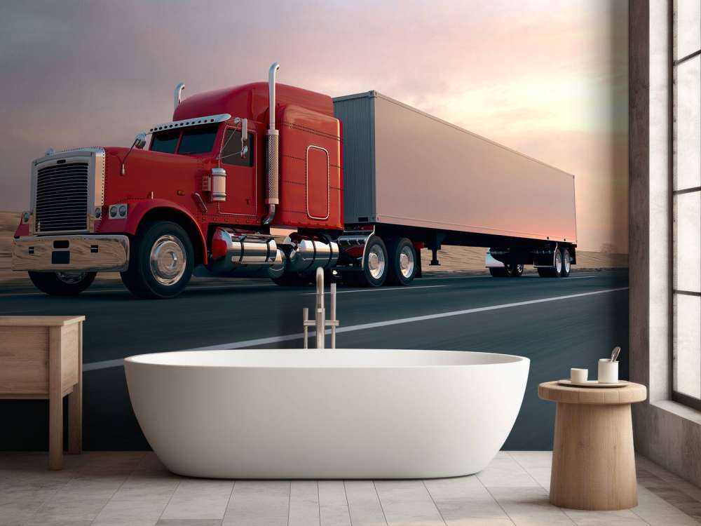 Rode Amerikaanse vrachtwagen bij zonsondergang