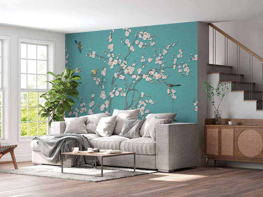 Getekende bloesemboom met vogels 