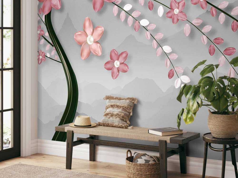 3D boom met roze bloemen