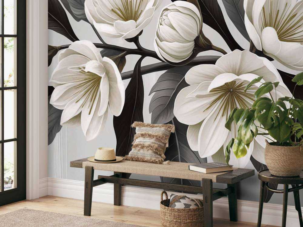 Witte magnoliabloemen met donkere bladeren