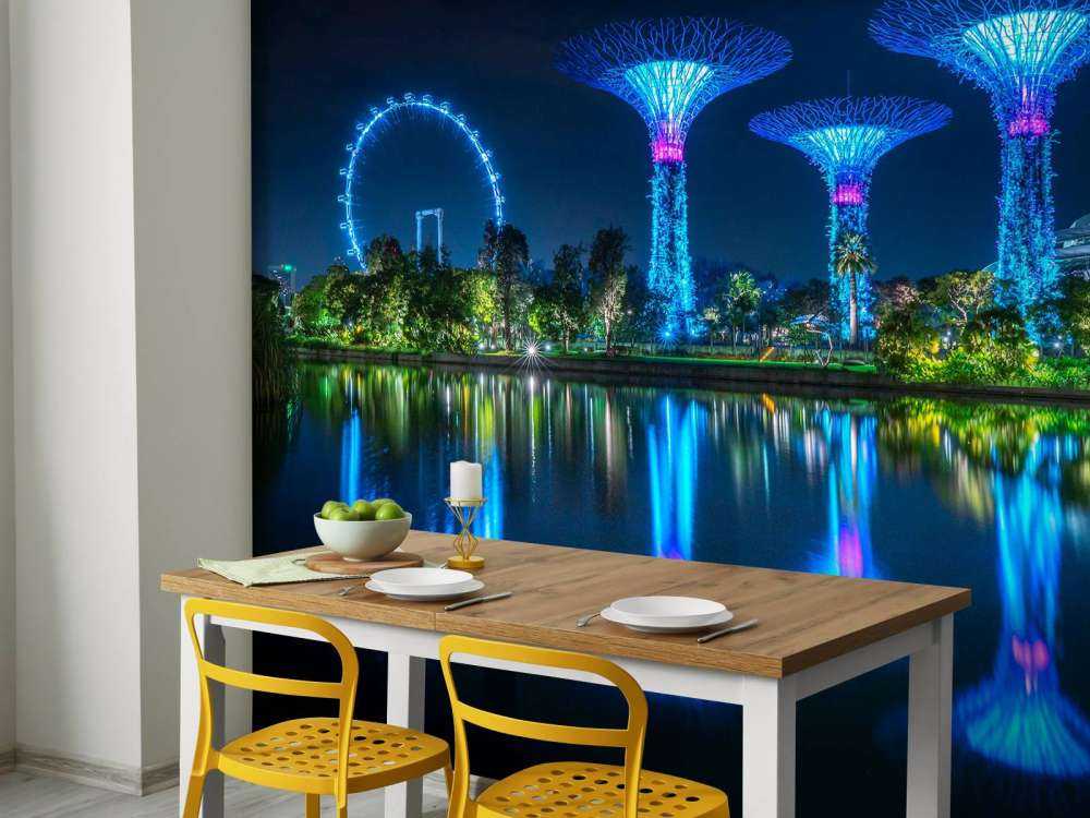 Futuristische lichtbomen aan water