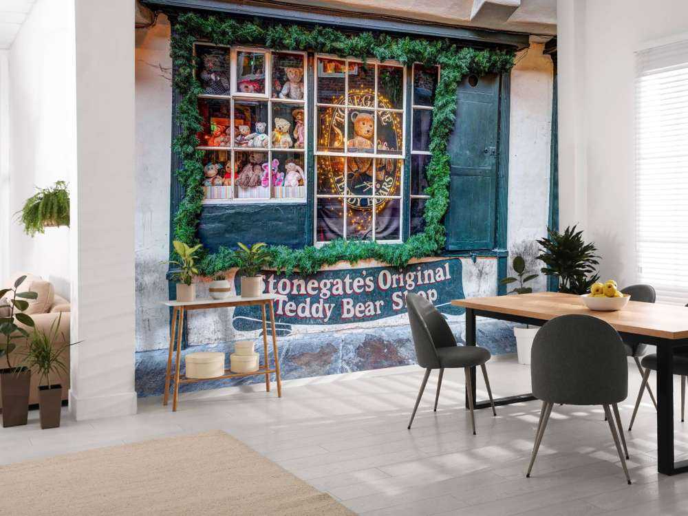 Nostalgische teddybeerwinkel met kerstgroen