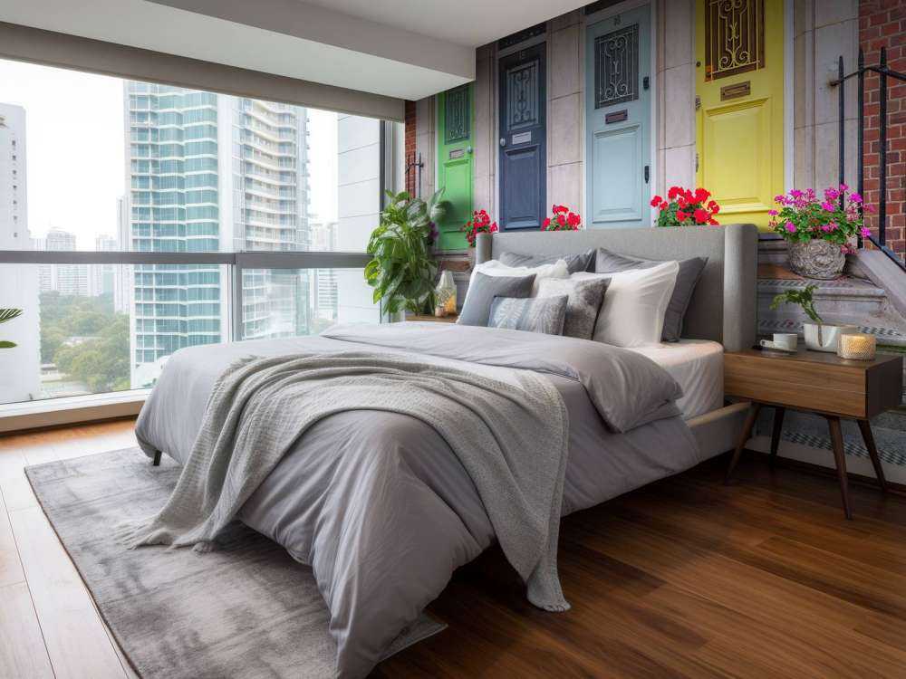 Multicolored doors of residential building, London