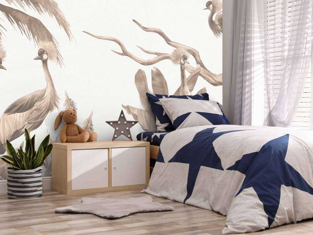 Jungle met kraanvogels in taupe