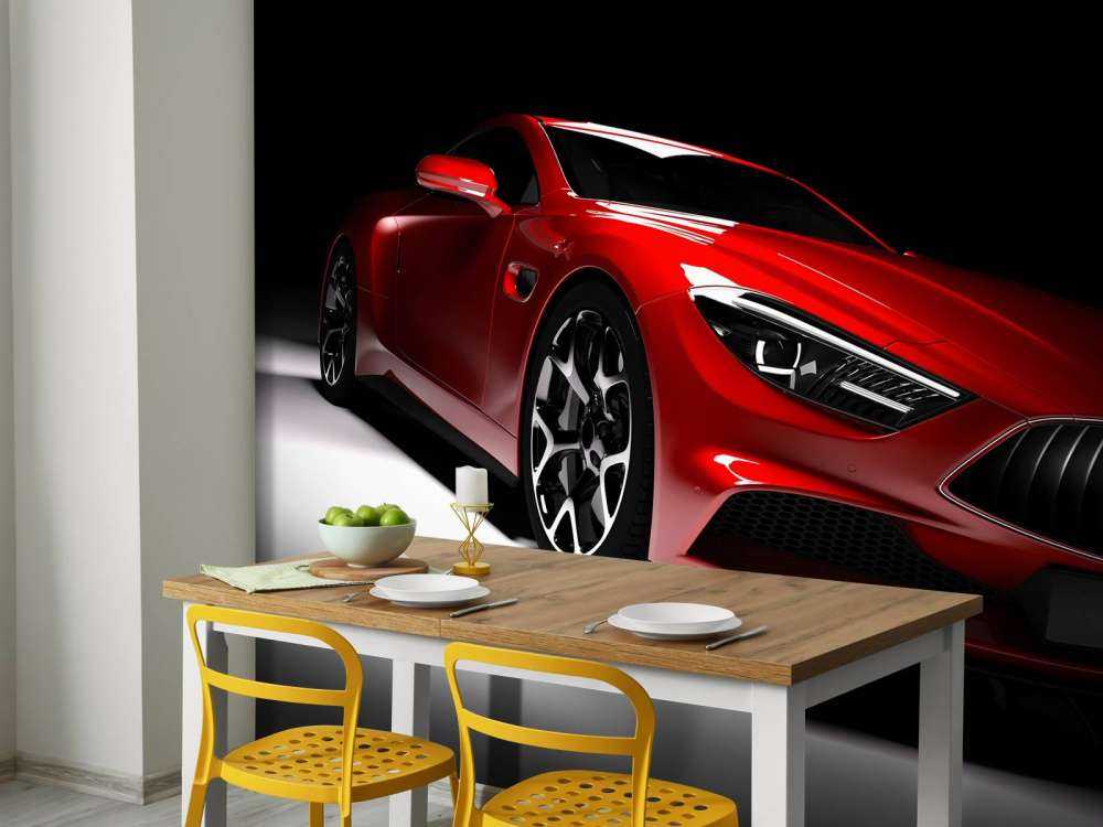 Rode sportauto in een donkere ruimte