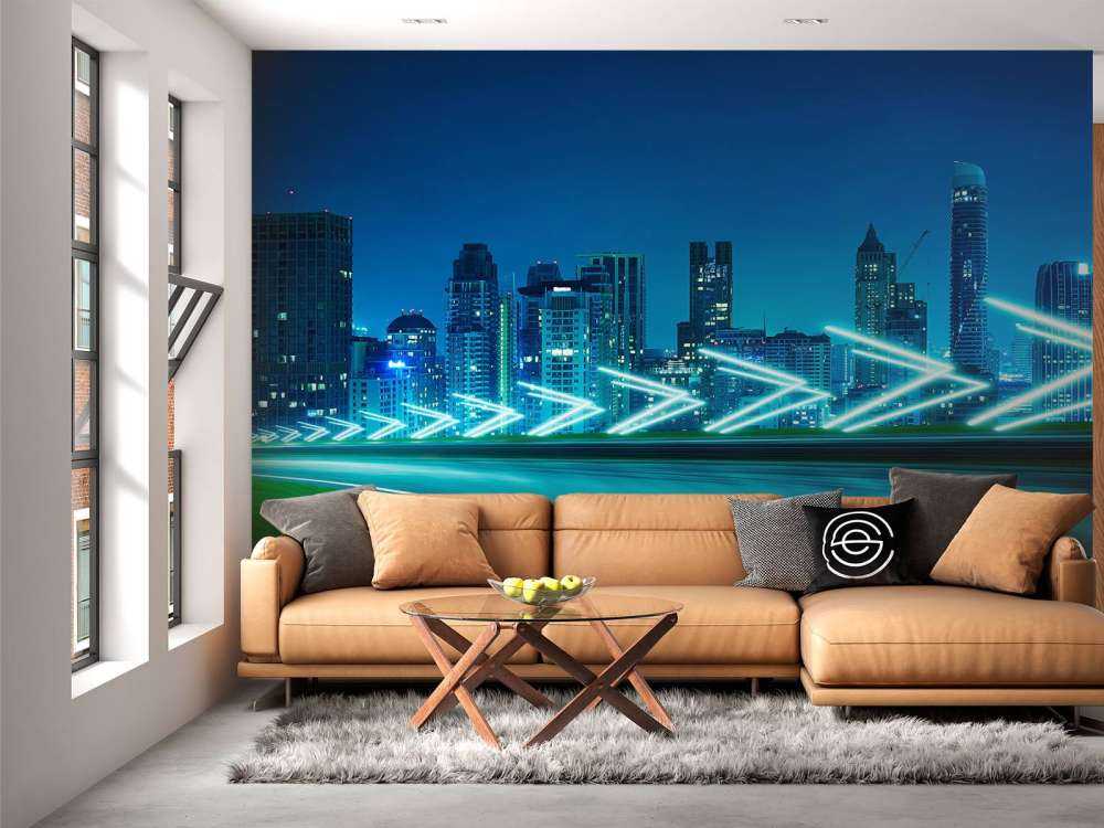 Futuristische snelweg langs een grote stad