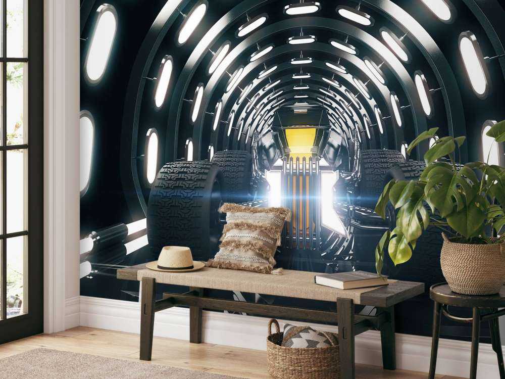 Race auto in een verlichte tunnel