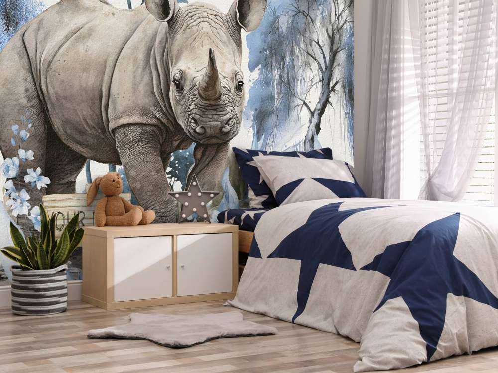 Baby neushoorn op de savanne blauw