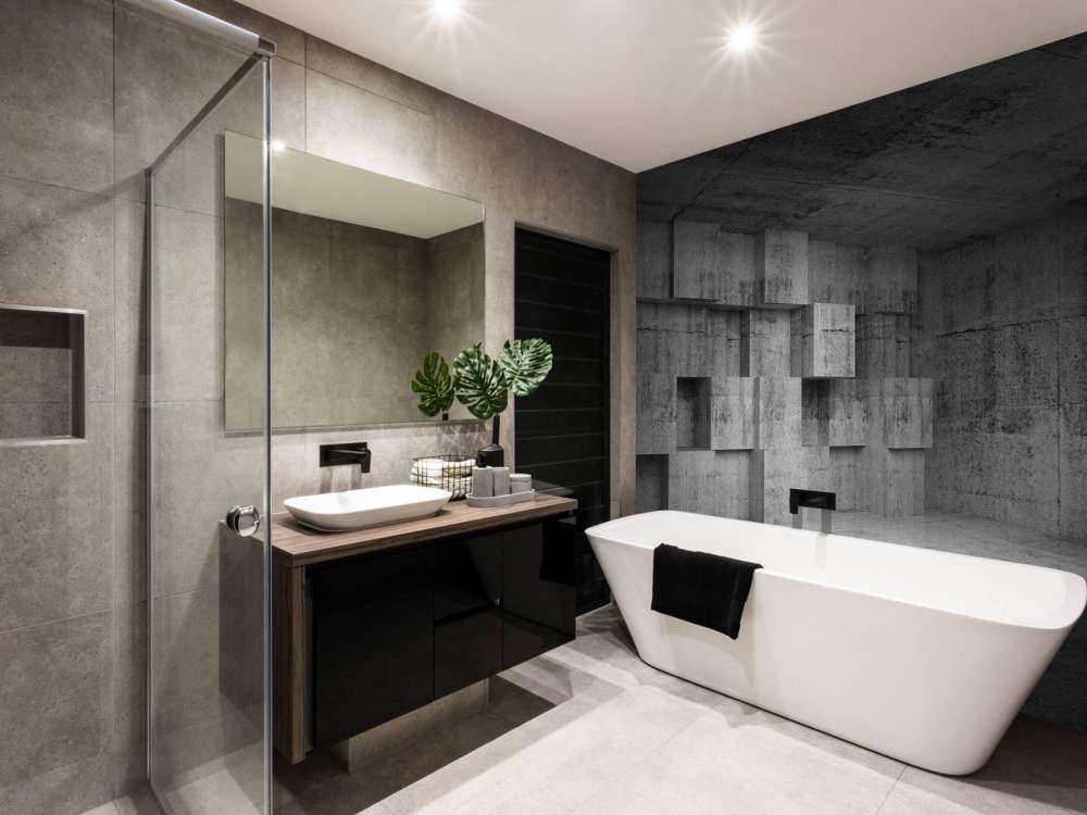 Lege betonnen interieur met decoratie kubussen op de muur