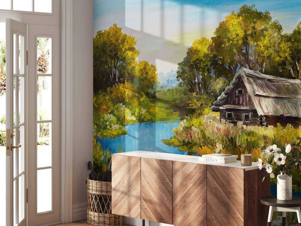 Boerderij aan een rivier schilderij