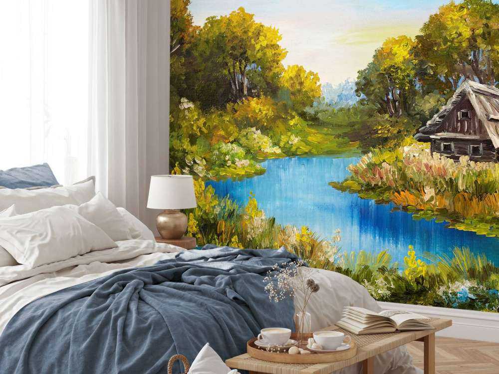 Boerderij aan een rivier schilderij