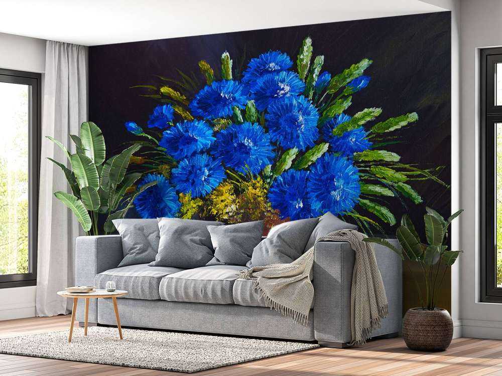 Stilleven van een vaas met blauwe bloemen