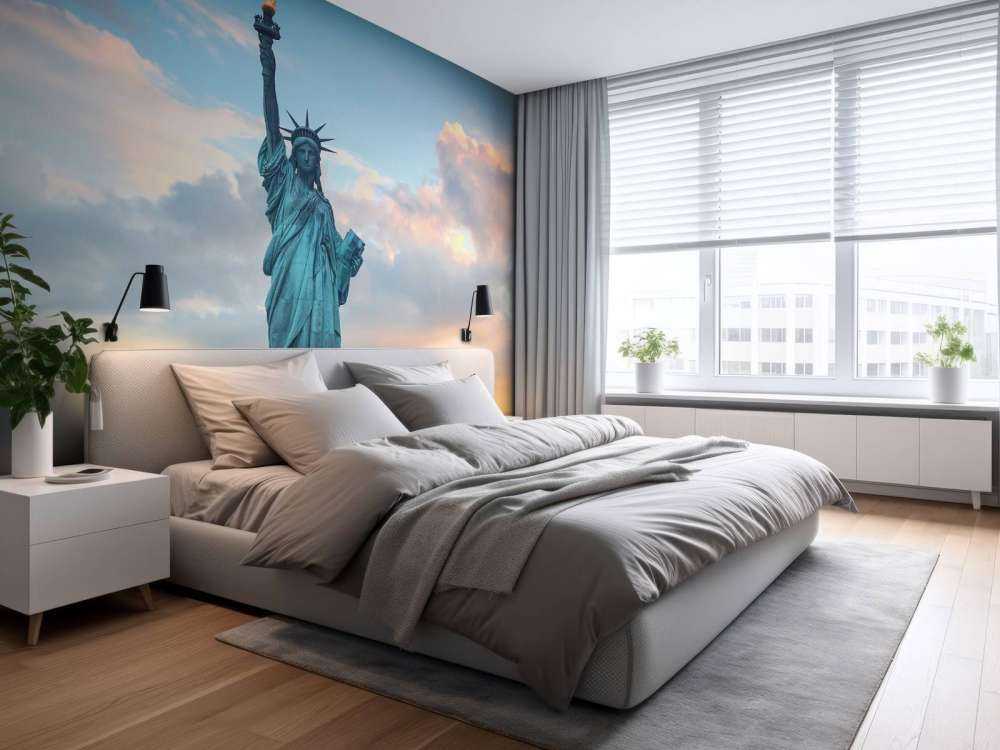 Het vrijheidsbeeld bij zonsondergang