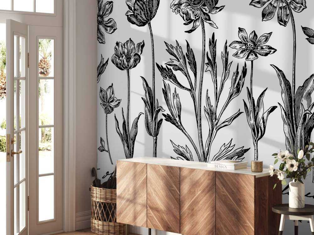 Historic flower drawing script black white