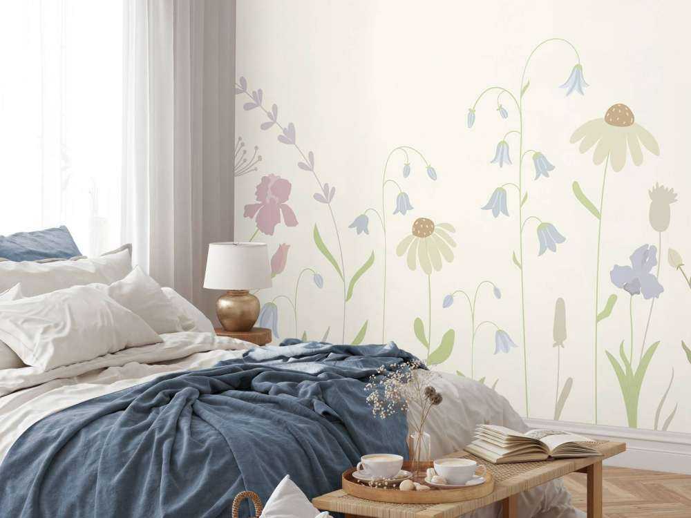 Bloemenveld hoog beige, oud roze, groen en lila